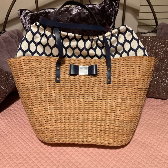 Kate Spade Handbags - NEW_Kate Spade Straw Tote w/Blue and White Drawstring Interior